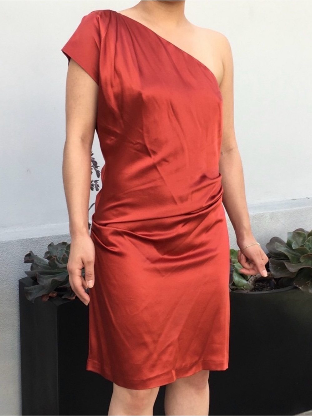 Diane Von Furstenberg One-Shoulder Satin Dress in Rich Rust